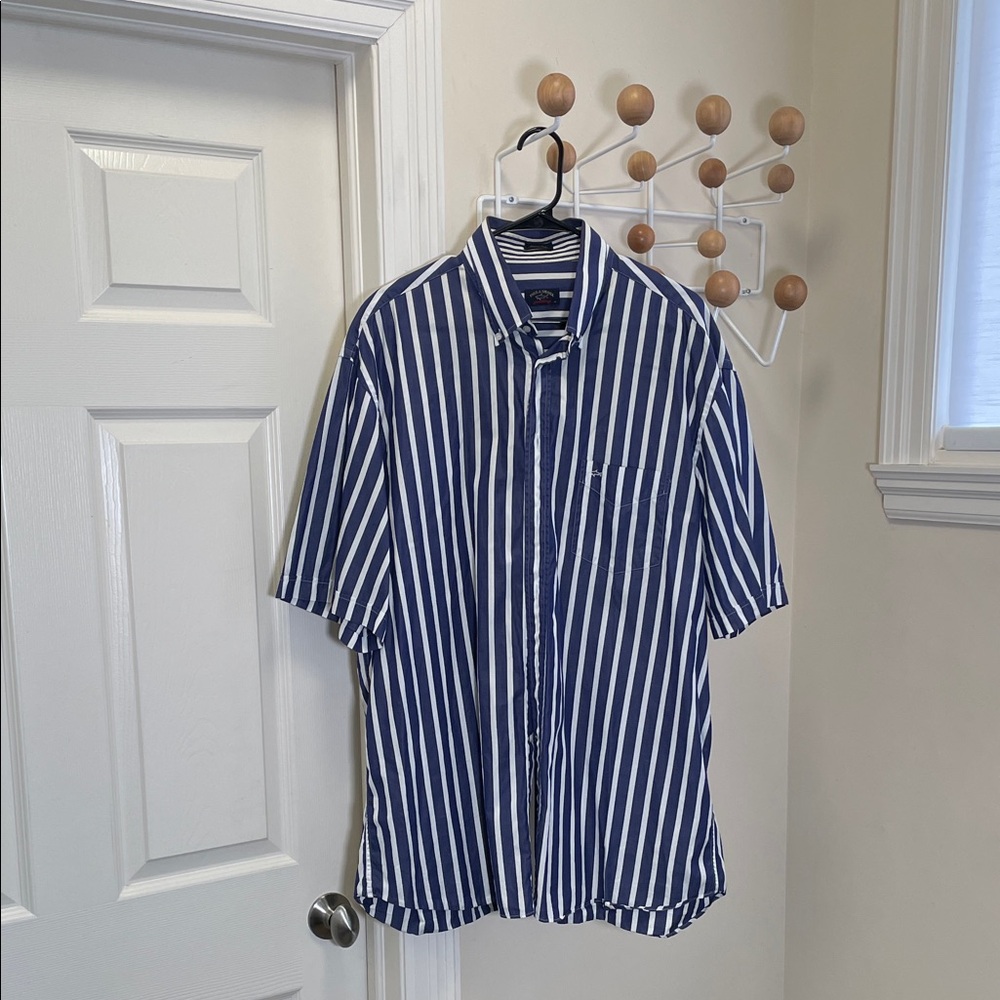 Paul & Shark Vertical Striped Button Down Short Sleeve Shirt - Blue White XXL
